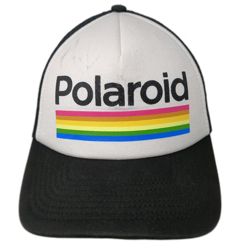 Polaroid Trucker Hat Black One Size Mesh Back Snapback Rainbow Stripe Logo